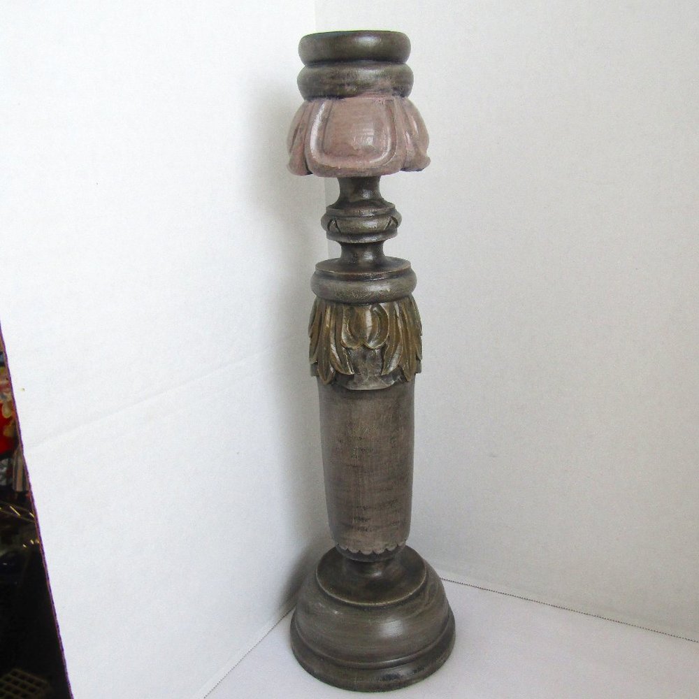 All Wood Hand-Carved Candle Holder Extra Large Ornate, Detailed 18-1/4" in.